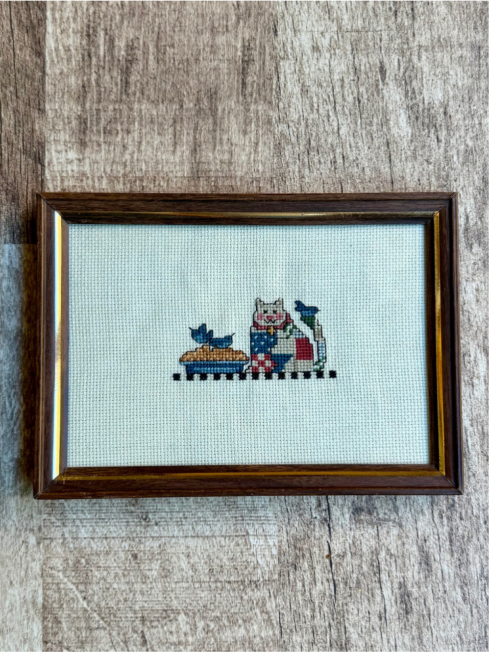 Vintage Mini Cross Stitch Framed Patriotic Quilt Cat Pie Bluebirds Wood Frame
